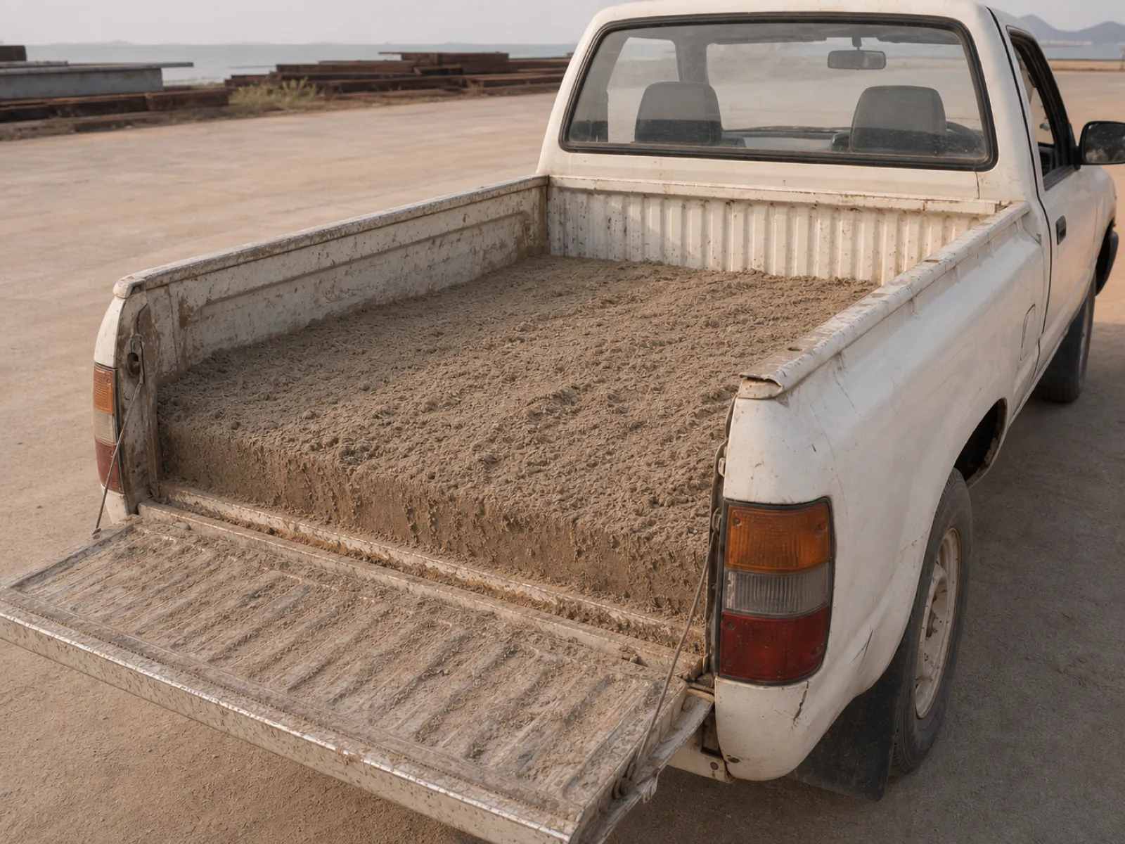 A pickup bed holding a load of damp construction sand levelled below the rails, the steel bed visibly dusty and stained from previous loads