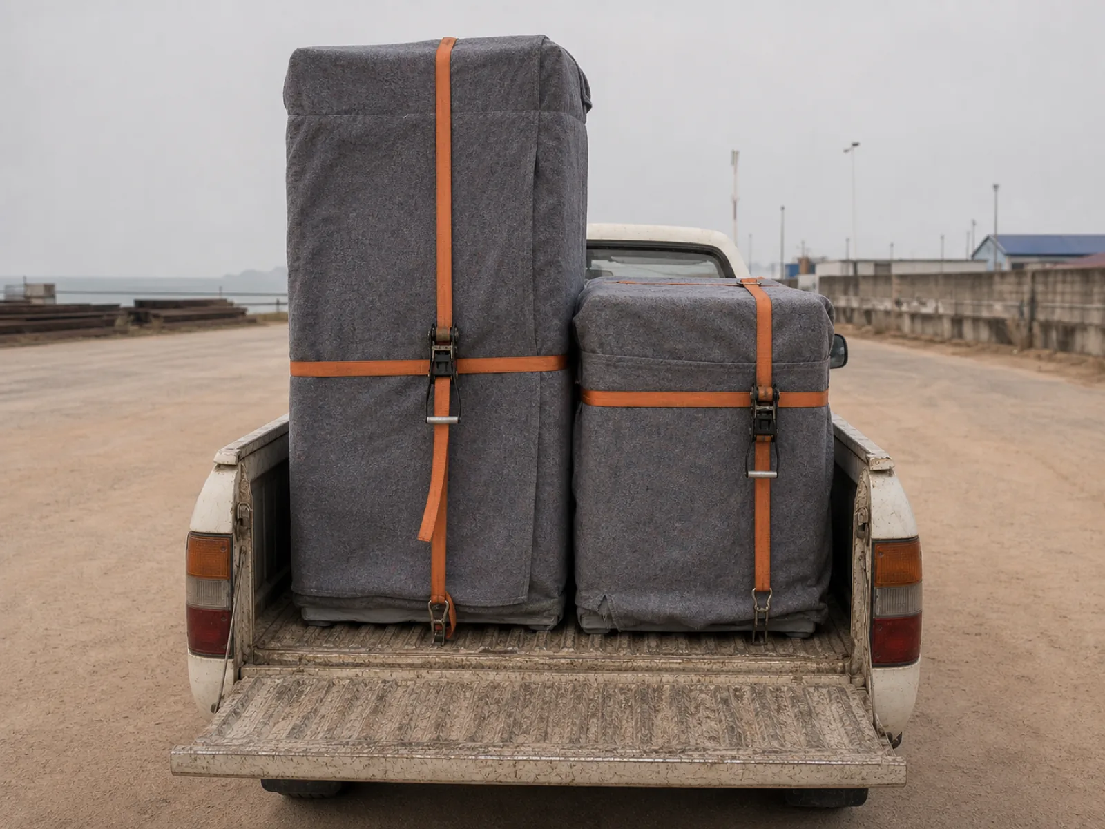 A double-door fridge and a washing machine standing upright in a pickup bed, wrapped in grey moving blankets and strapped