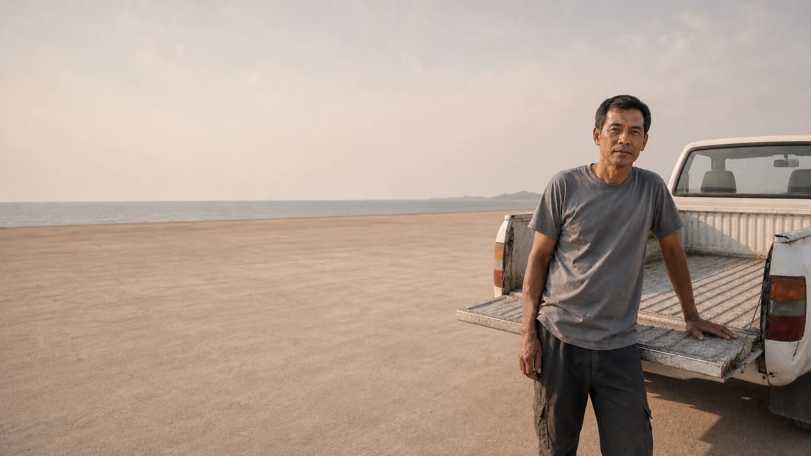 Patt, a Thai man in his forties in a plain work shirt, standing at the open tailgate of his white Toyota Hilux single cab with one hand resting on it, looking directly at camera