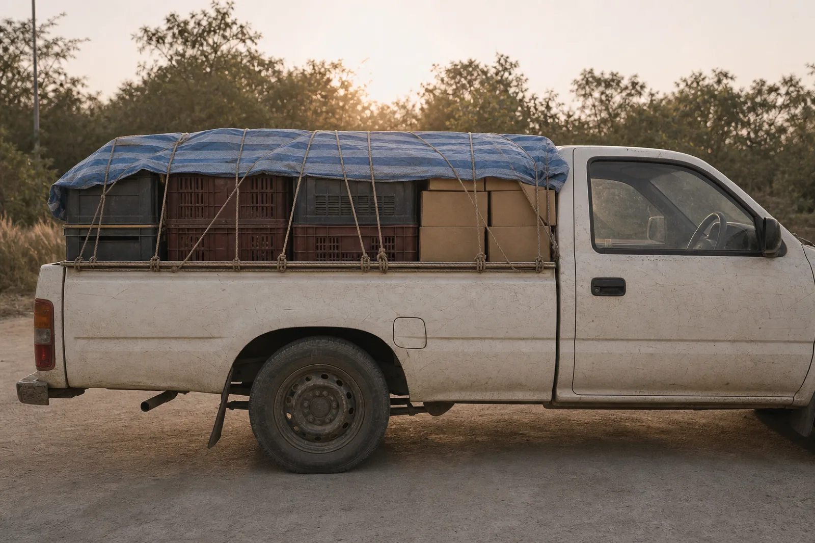 A pickup bed stacked with plastic crates and cardboard cartons, a blue tarpaulin folded back over the top